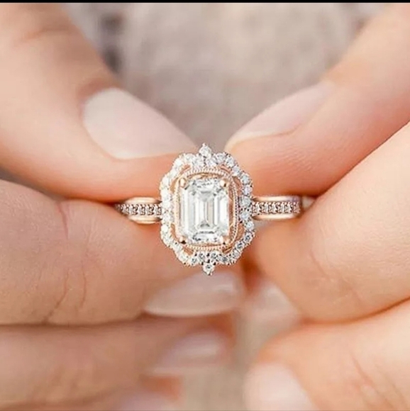 ROSE Gold CZ Stone Diamond Halo Square Ring Vintage - Picture 3 of 7